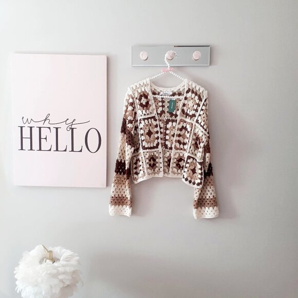 NWT Misskoo brown, cream, gold metallic fibre shimmer accent crochet cardigan - Picture 5 of 12